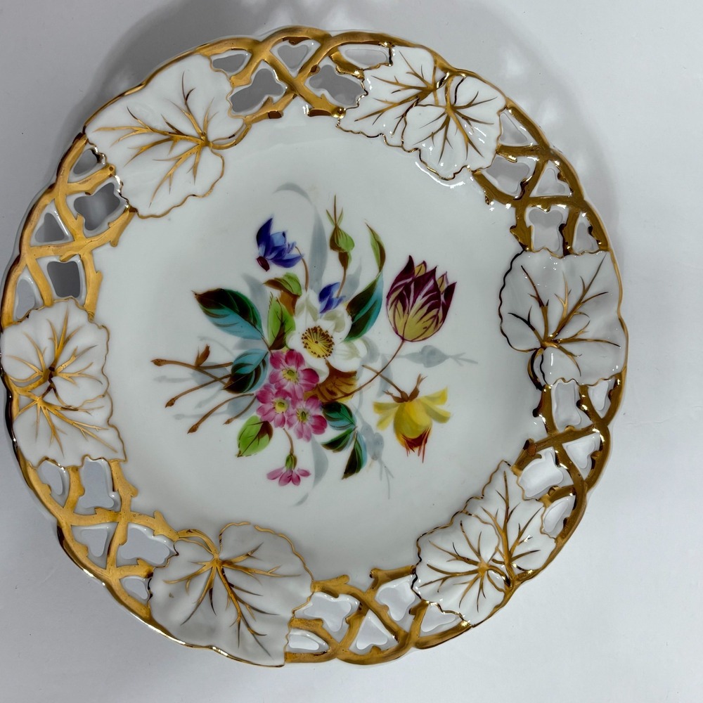 Vintage Carl Tielsch‎ Porcelain Plate Floral Gold Gilt Reticulated Hand-Painted